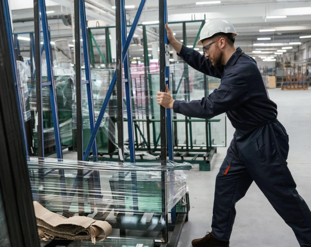 Industrial glass panel handling in manufacturing facility