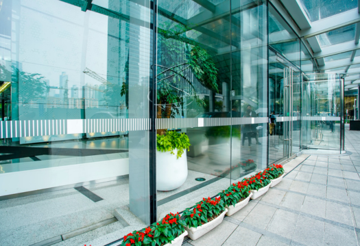 Modern commercial glass facade with aluminum framing