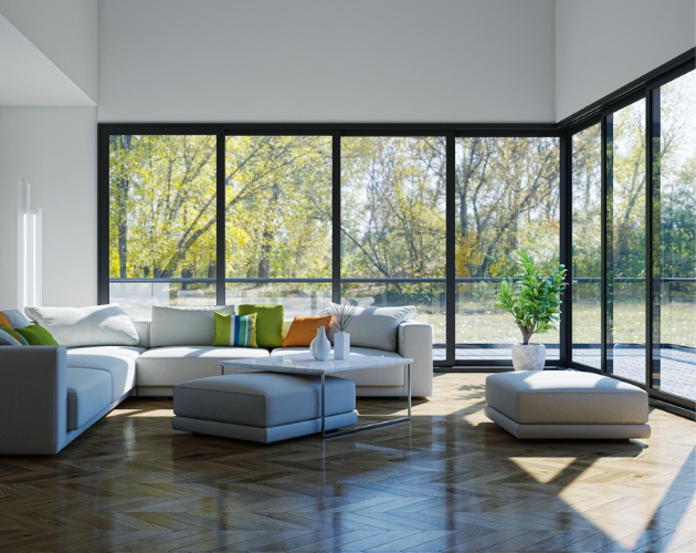 Panoramic glass windows in modern living room
